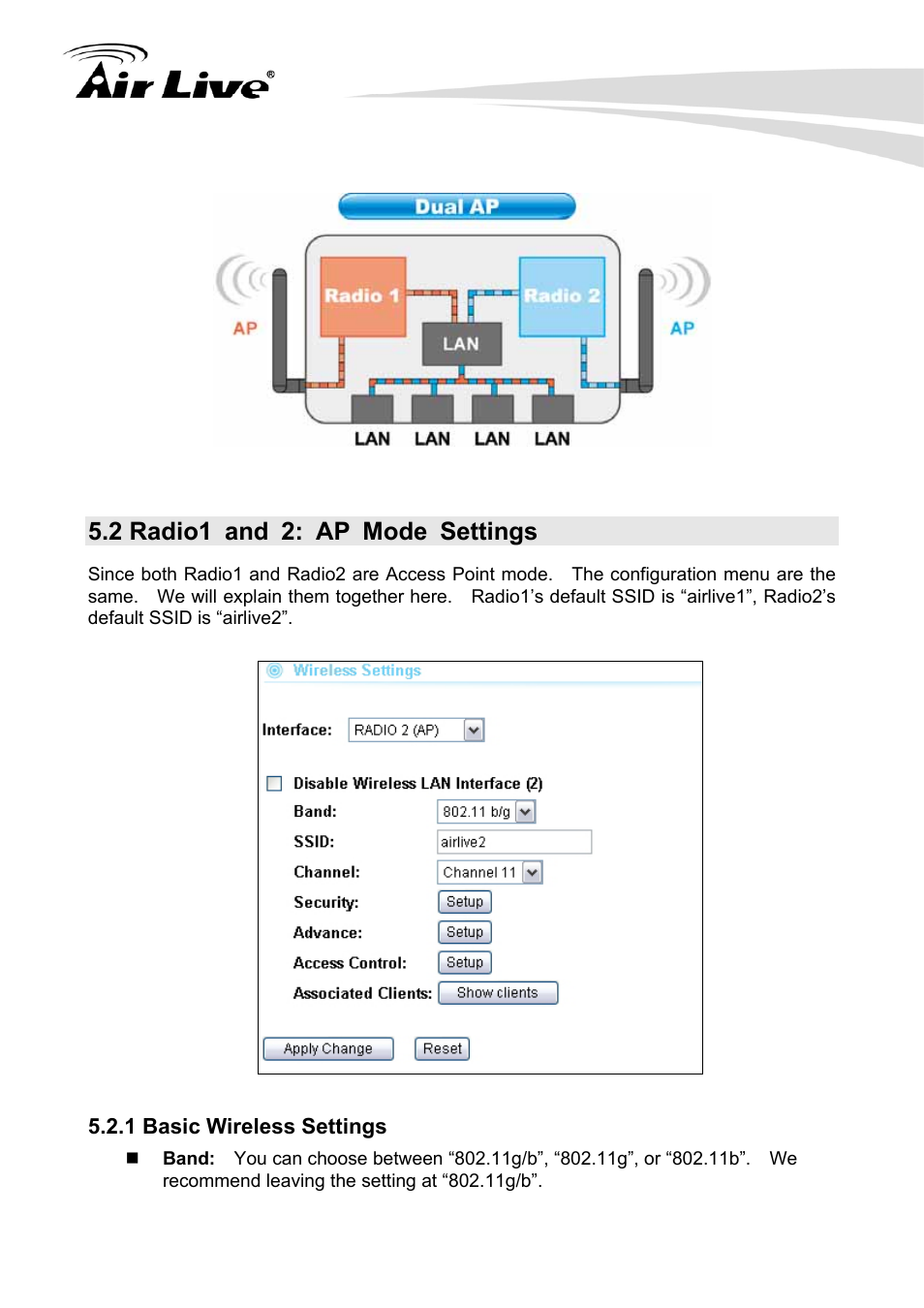 2 radio1 and 2: ap mode settings, 1 basic wireless settings | AirLive G.DUO User Manual | Page 51 / 137