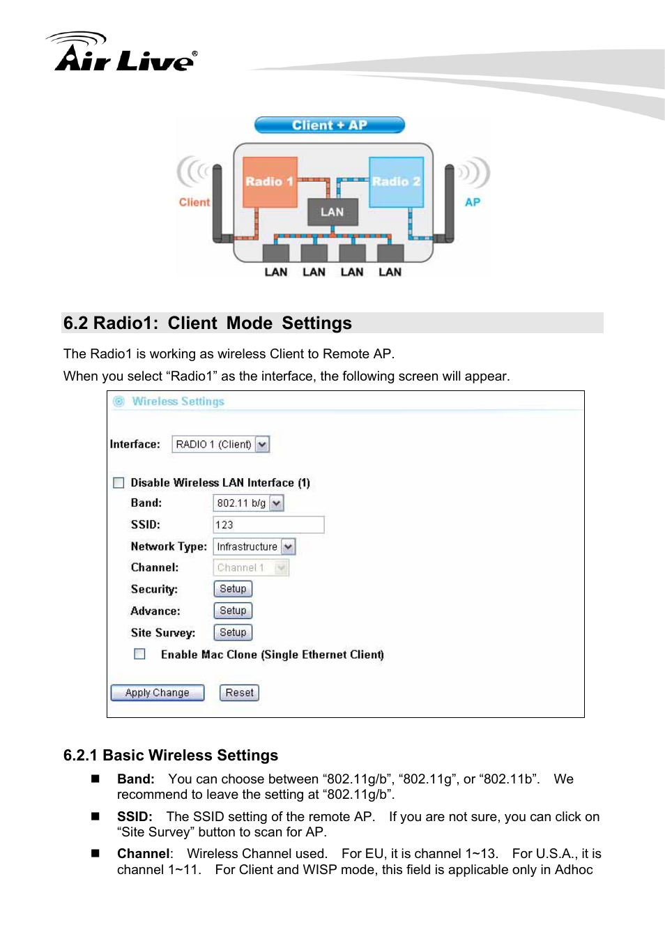 2 radio1: client mode settings, 1 basic wireless settings | AirLive G.DUO User Manual | Page 59 / 137
