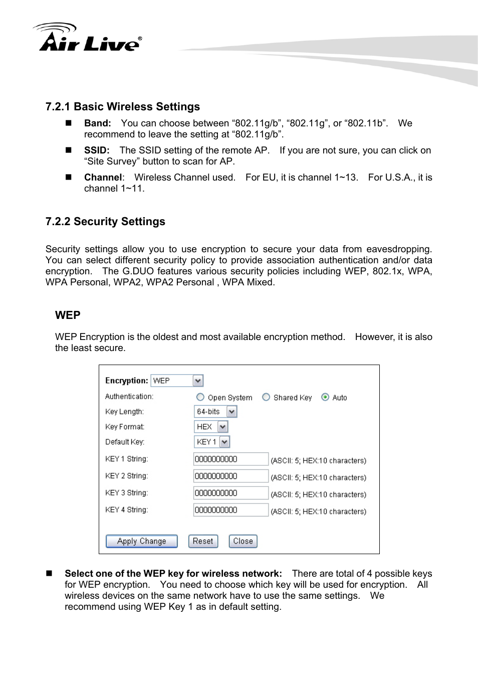 1 basic wireless settings 7.2.2 security settings | AirLive G.DUO User Manual | Page 73 / 137