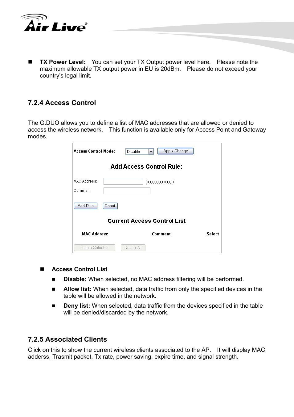 4 access control 7.2.5 associated clients, 4 access control, 5 associated clients | AirLive G.DUO User Manual | Page 77 / 137