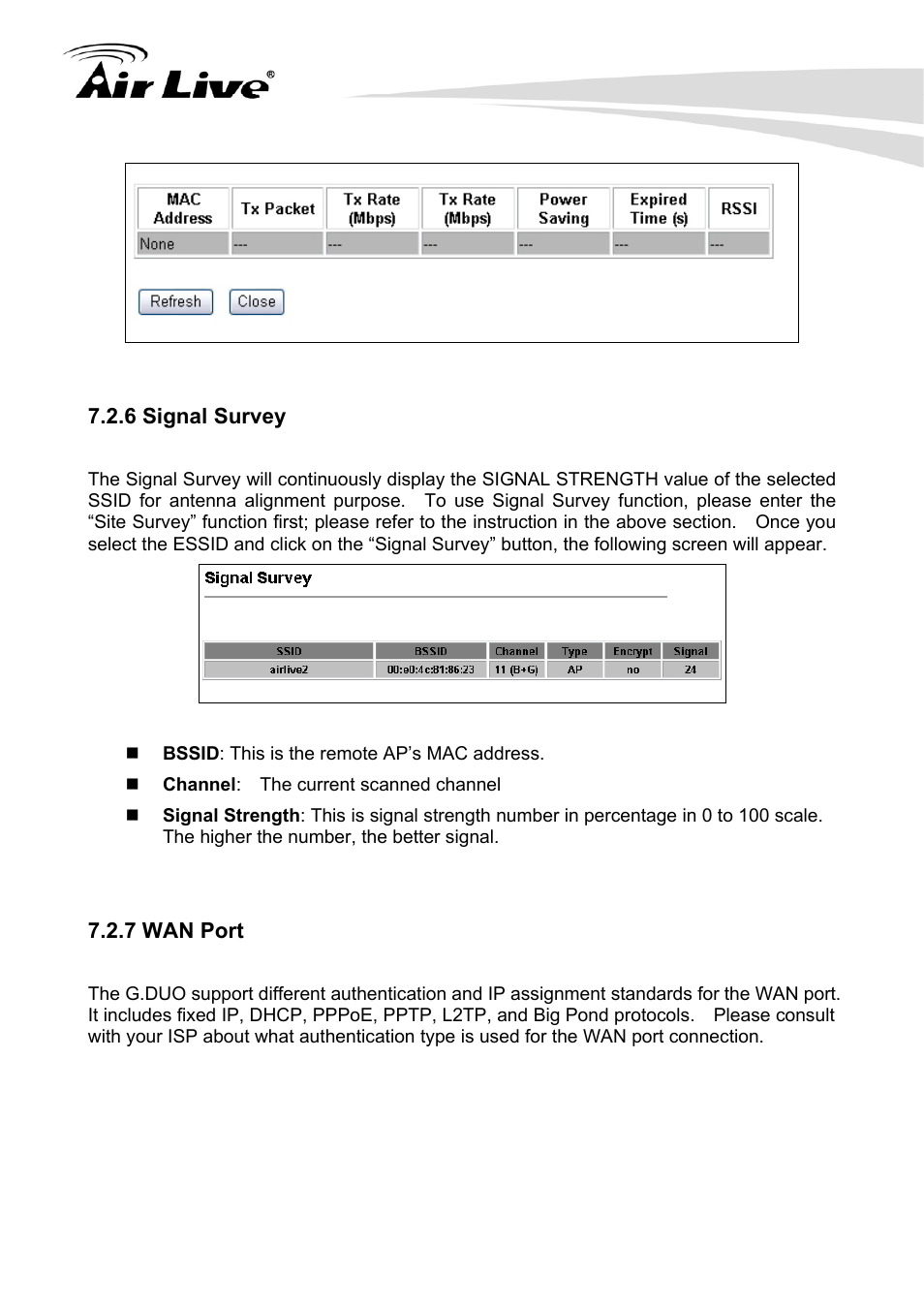 6 signal survey 7.2.7 wan port | AirLive G.DUO User Manual | Page 78 / 137