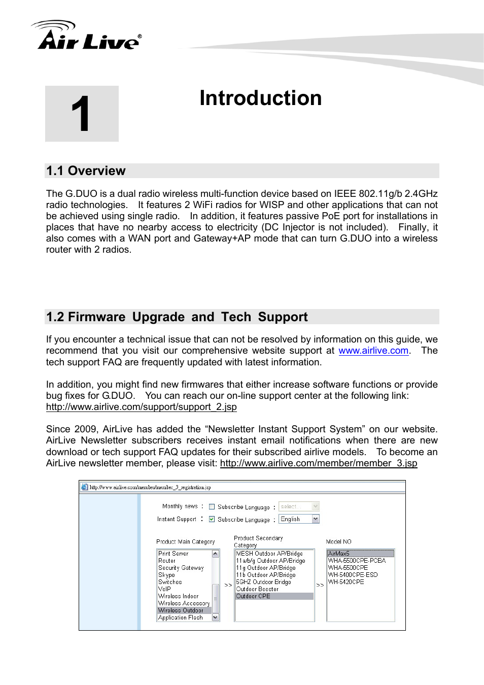 Introduction, 1 overview, 2 firmware upgrade and tech support | AirLive G.DUO User Manual | Page 8 / 137