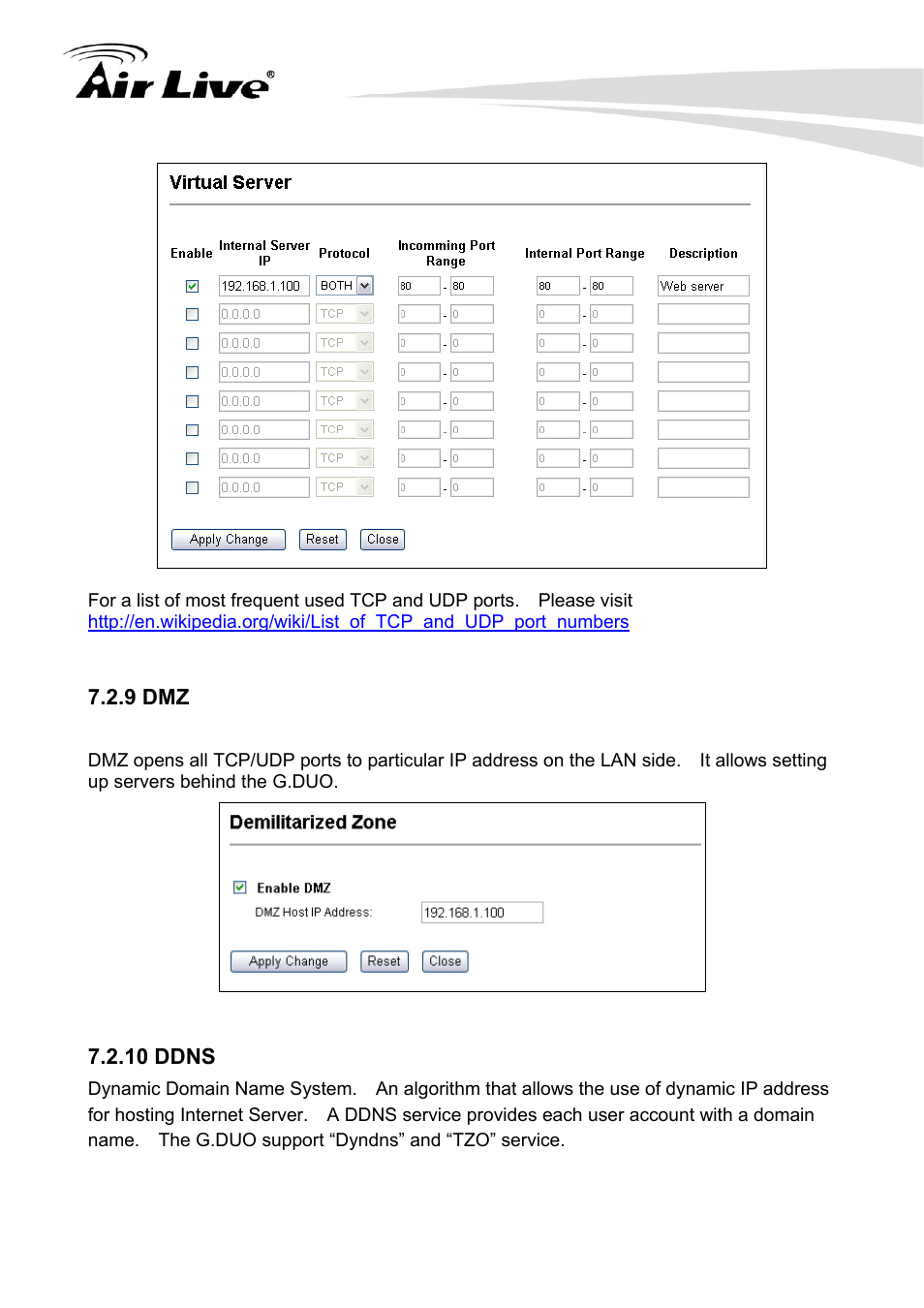 9 dmz, 73 7.2.10 ddns, 10 ddns | AirLive G.DUO User Manual | Page 80 / 137