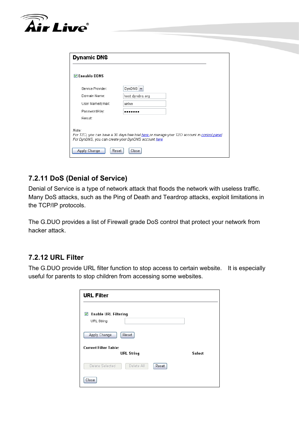 11 dos (denial of service) 7.2.12 url filter, 11 dos (denial of service), 12 url filter | AirLive G.DUO User Manual | Page 81 / 137