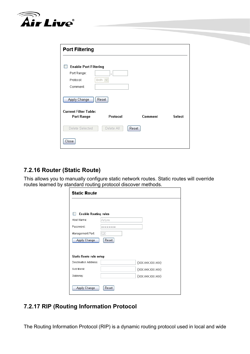 16 router (static route), 17 rip (routing information protocol | AirLive G.DUO User Manual | Page 83 / 137