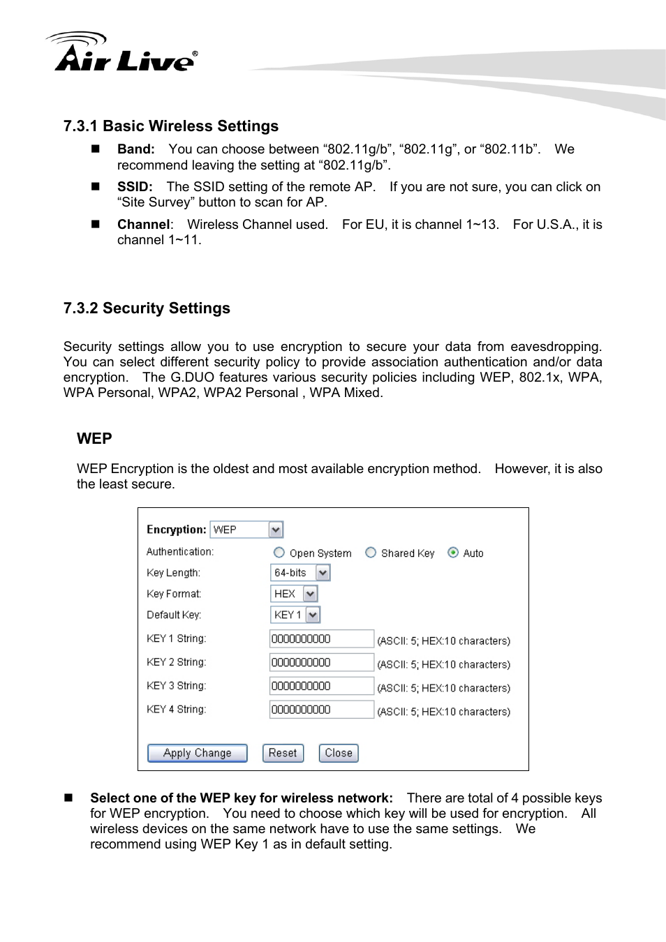 1 basic wireless settings 7.3.2 security settings | AirLive G.DUO User Manual | Page 85 / 137