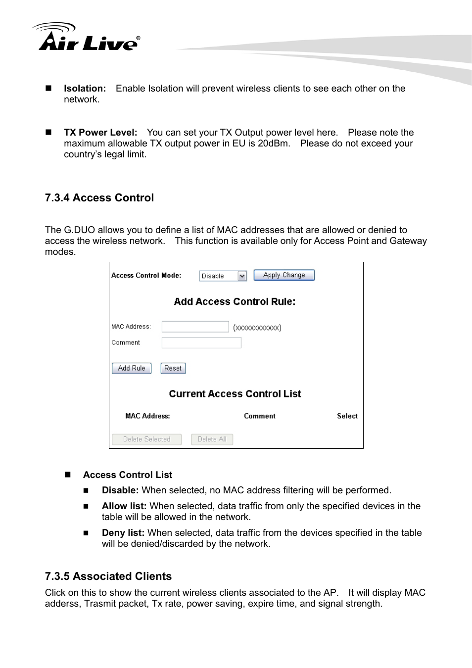 4 access control 7.3.5 associated clients, 4 access control, 5 associated clients | AirLive G.DUO User Manual | Page 89 / 137