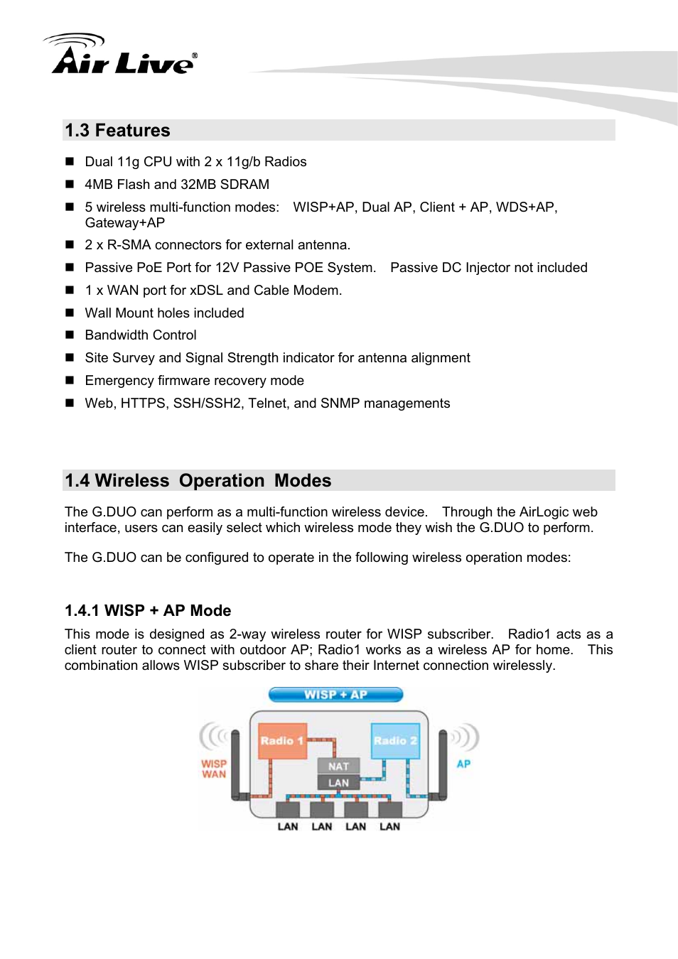 3 features, 4 wireless operation modes, 1 wisp + ap mode | AirLive G.DUO User Manual | Page 9 / 137