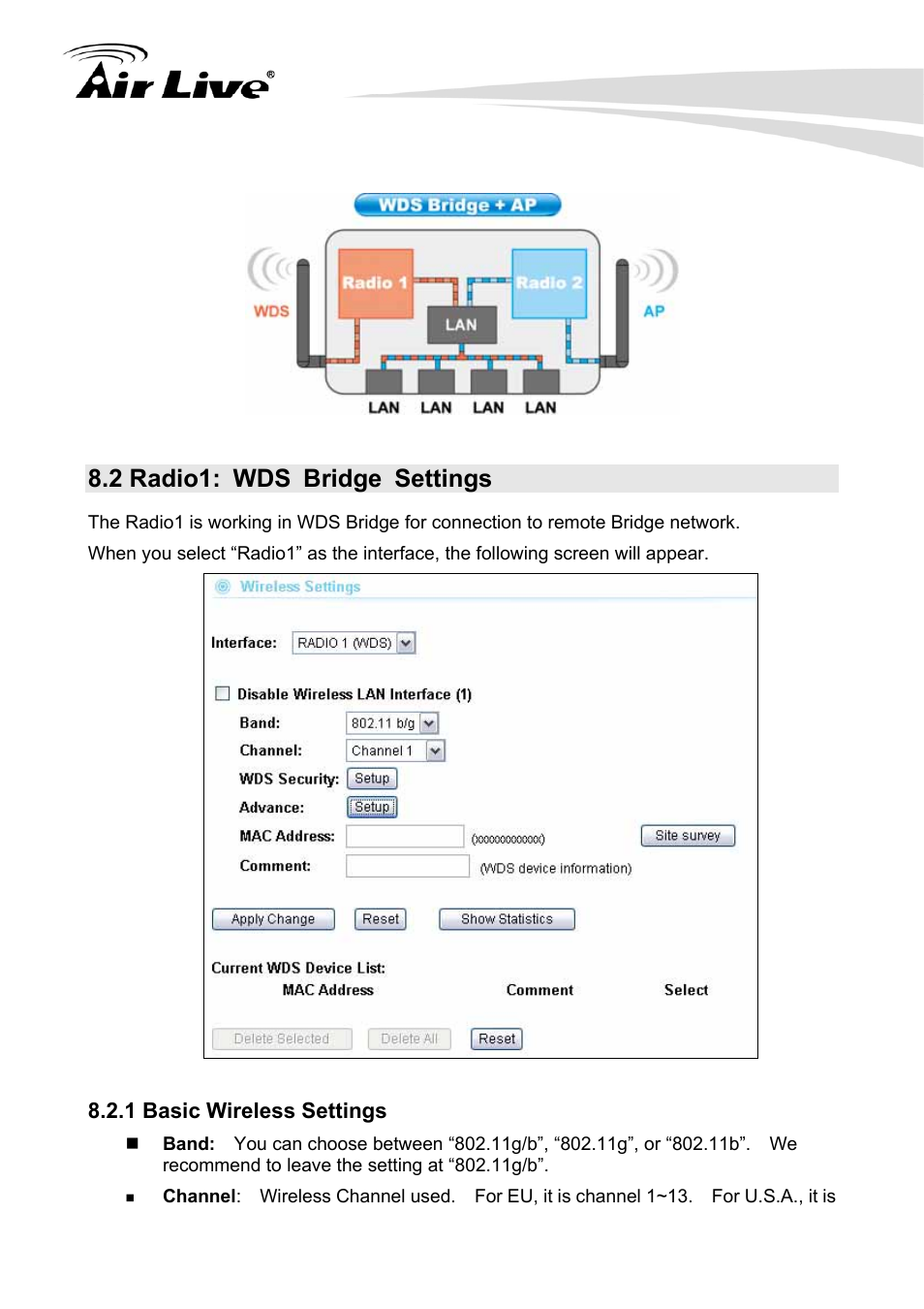 2 radio1: wds bridge settings, 1 basic wireless settings | AirLive G.DUO User Manual | Page 92 / 137