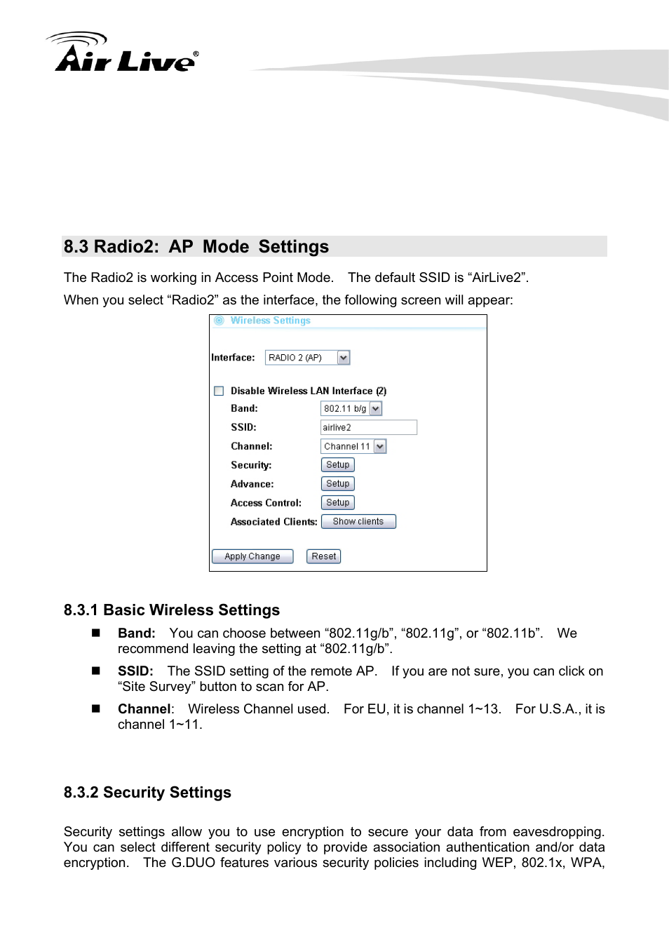 3 radio2: ap mode settings, 1 basic wireless settings 8.3.2 security settings | AirLive G.DUO User Manual | Page 98 / 137