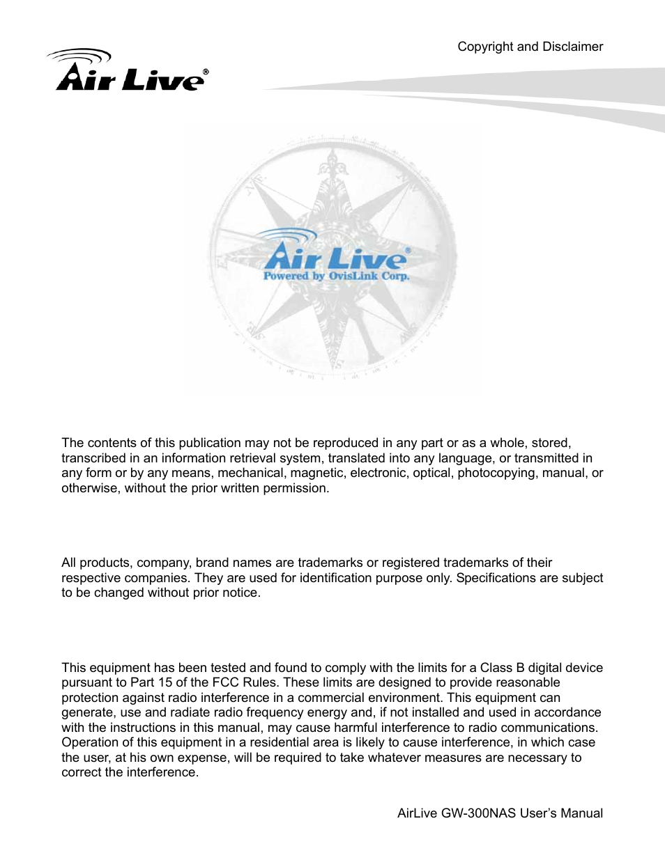 Copyright & disclaimer, Trademarks, Fcc interference statement | AirLive GW-300NAS User Manual | Page 2 / 75