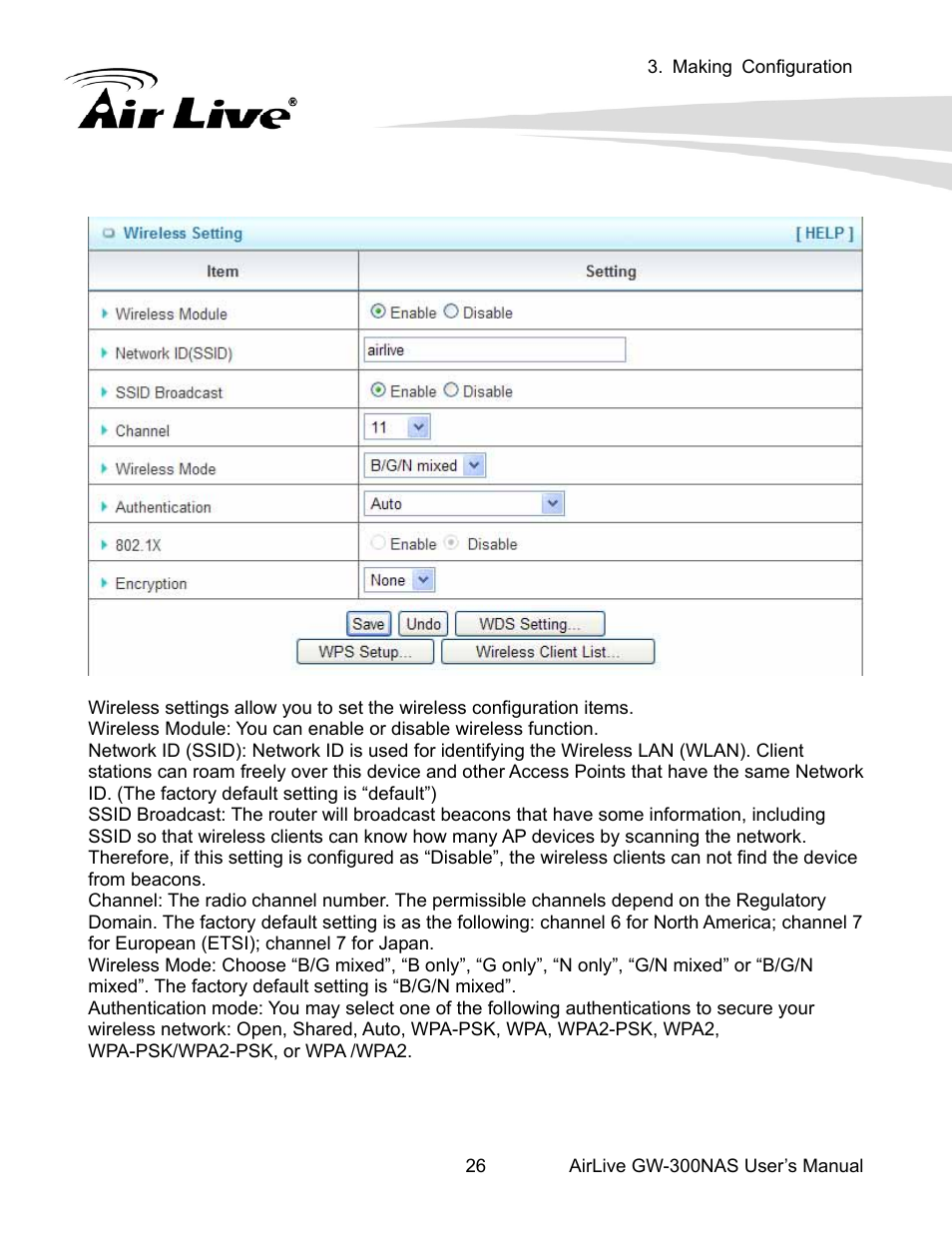 3 wireless settings | AirLive GW-300NAS User Manual | Page 30 / 75