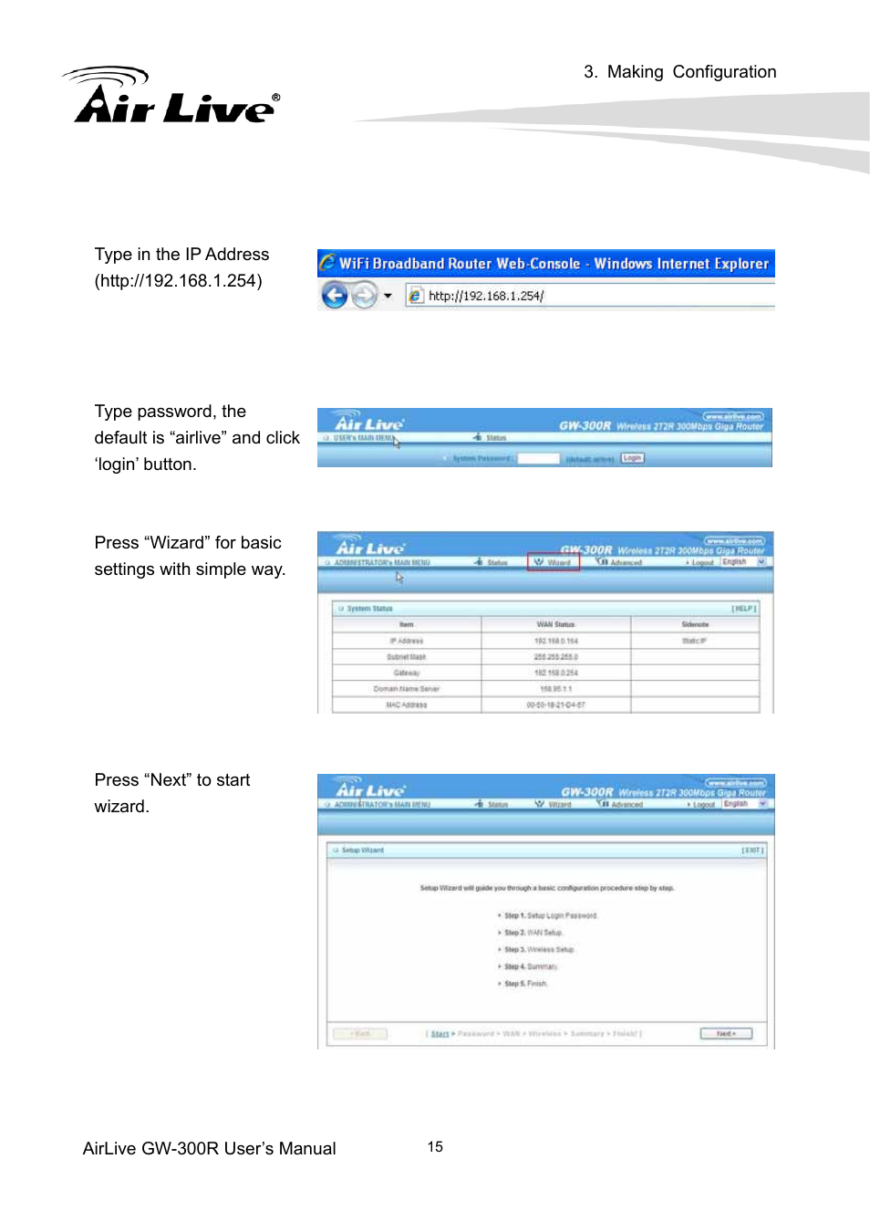 1 login to configure from wizard | AirLive GW-300R User Manual | Page 19 / 94