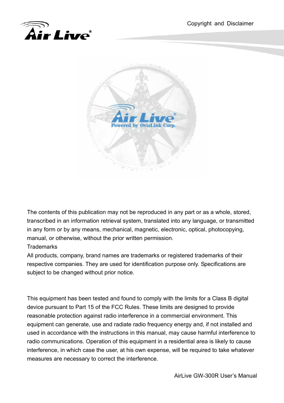 Copyright & disclaimer, Fcc interference statement | AirLive GW-300R User Manual | Page 2 / 94