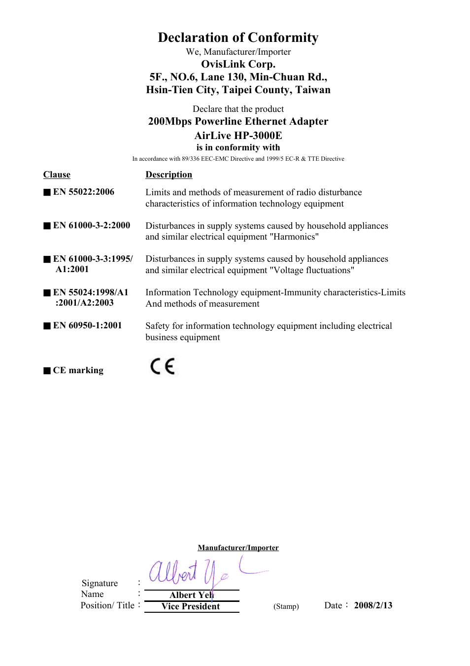 Sheet1, Declaration of conformity | AirLive HP-3000E User Manual | Page 2 / 15