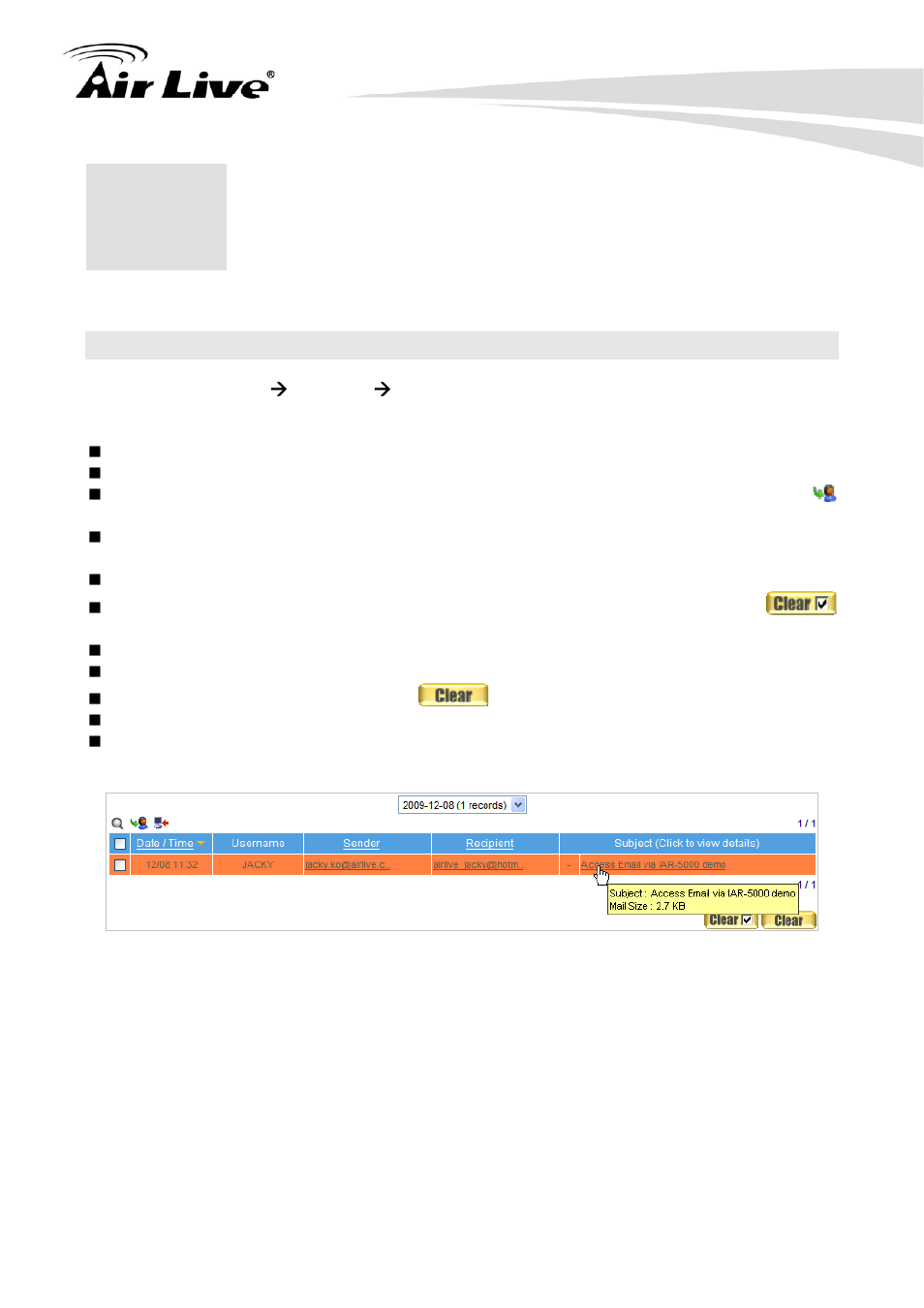 Record: access record, 1 accessing emails sent via smtp protocol | AirLive IAR-5000 v2 User Manual | Page 140 / 202