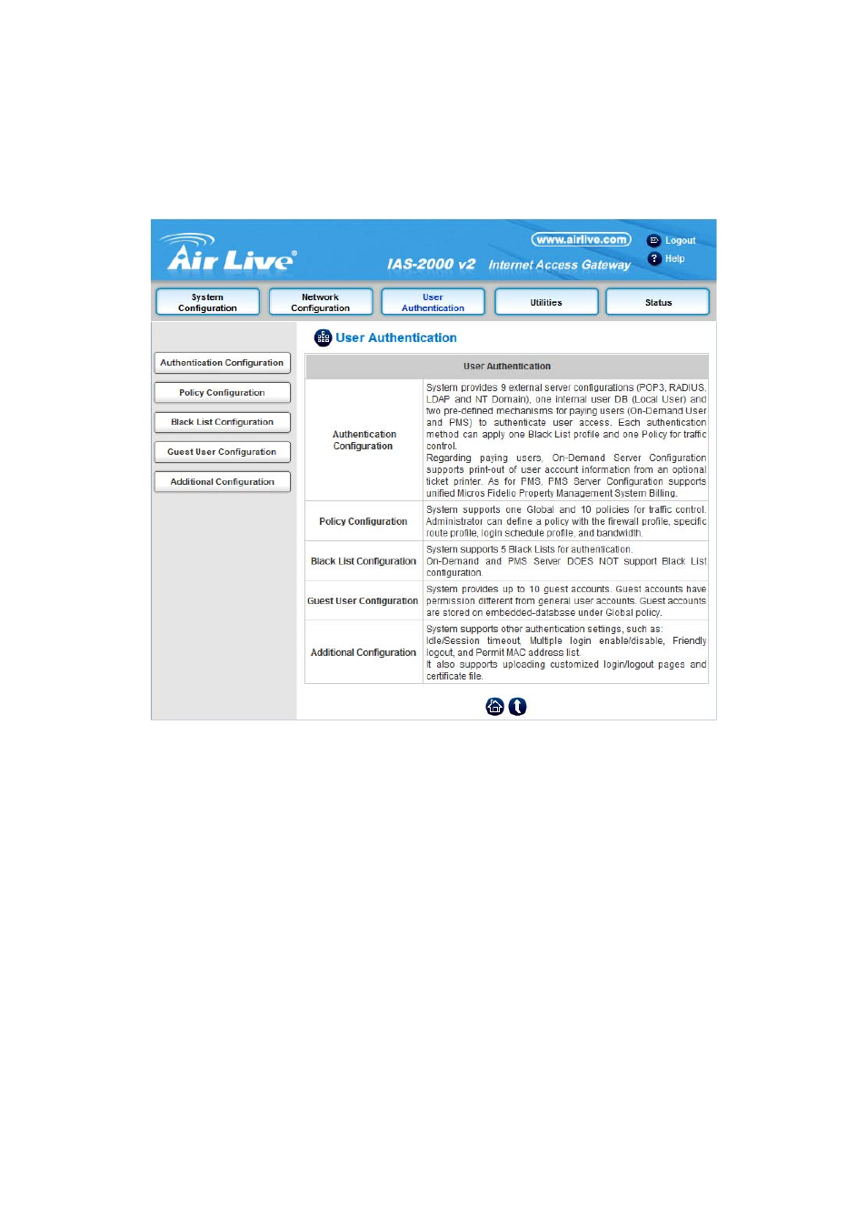 3 user authentication, User authentication | AirLive IAS-2000 v2 User Manual | Page 69 / 163