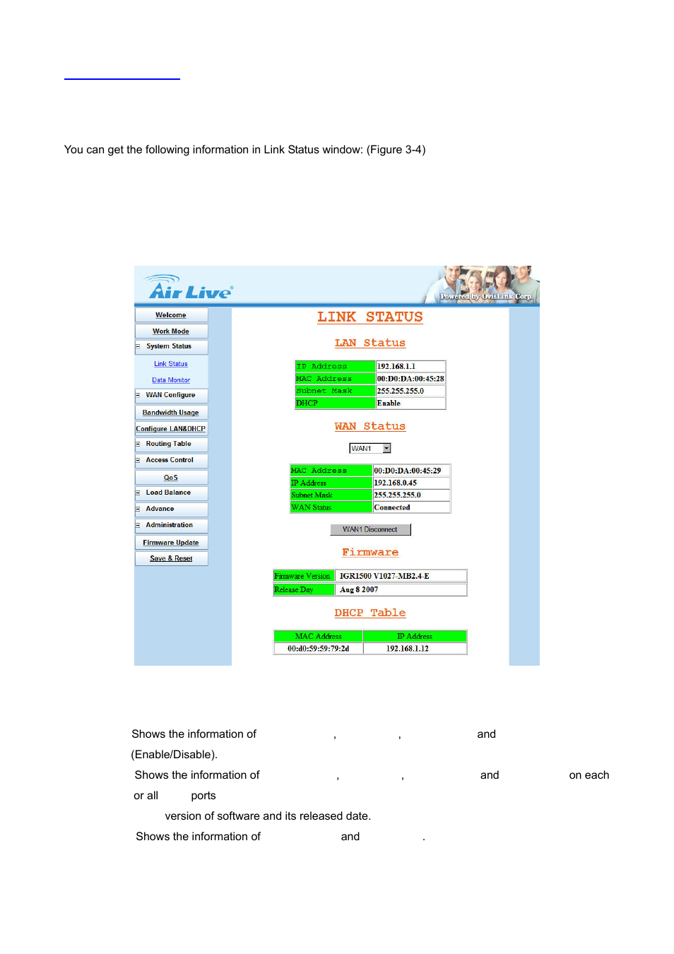 3 system status, 1 link status | AirLive IGR-1500 User Manual | Page 16 / 78