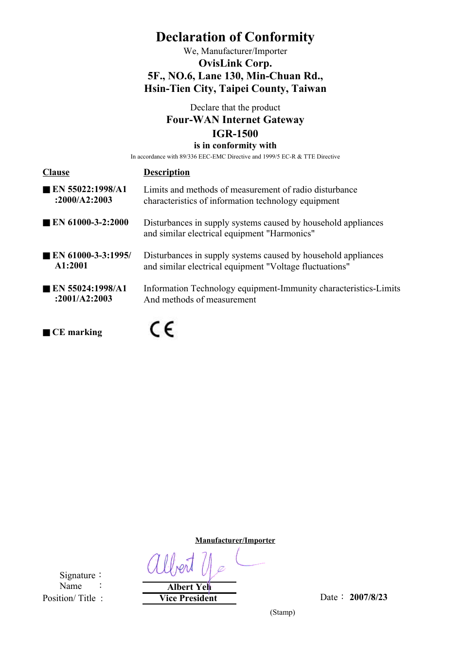 Igr-1500_ce-fcc.pdf, Declaration of conformity | AirLive IGR-1500 User Manual | Page 2 / 78
