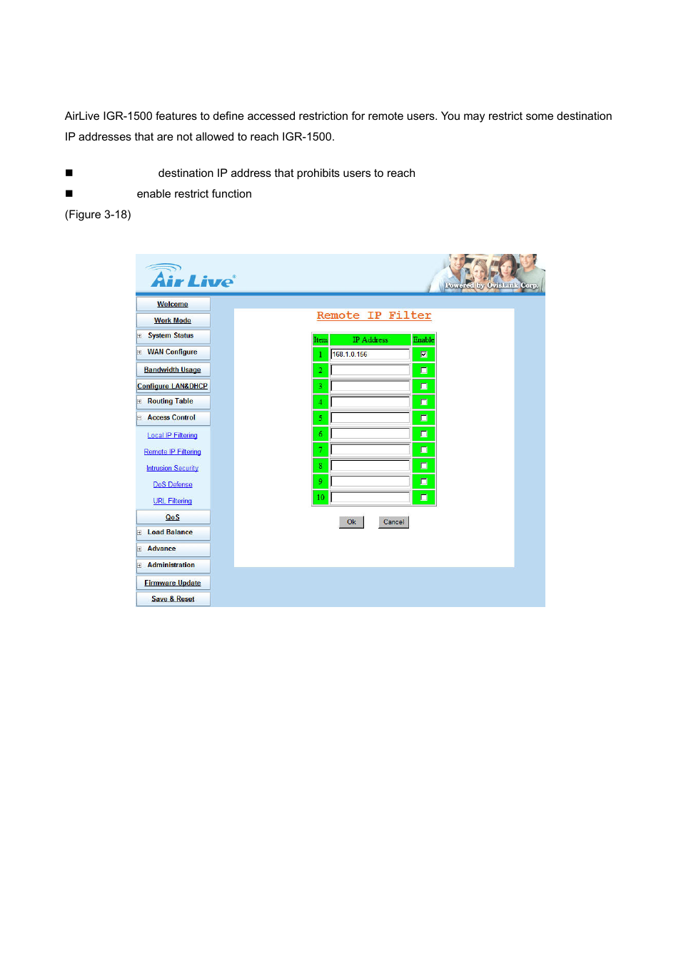 2 remote ip filtering (gateway mode only) | AirLive IGR-1500 User Manual | Page 32 / 78