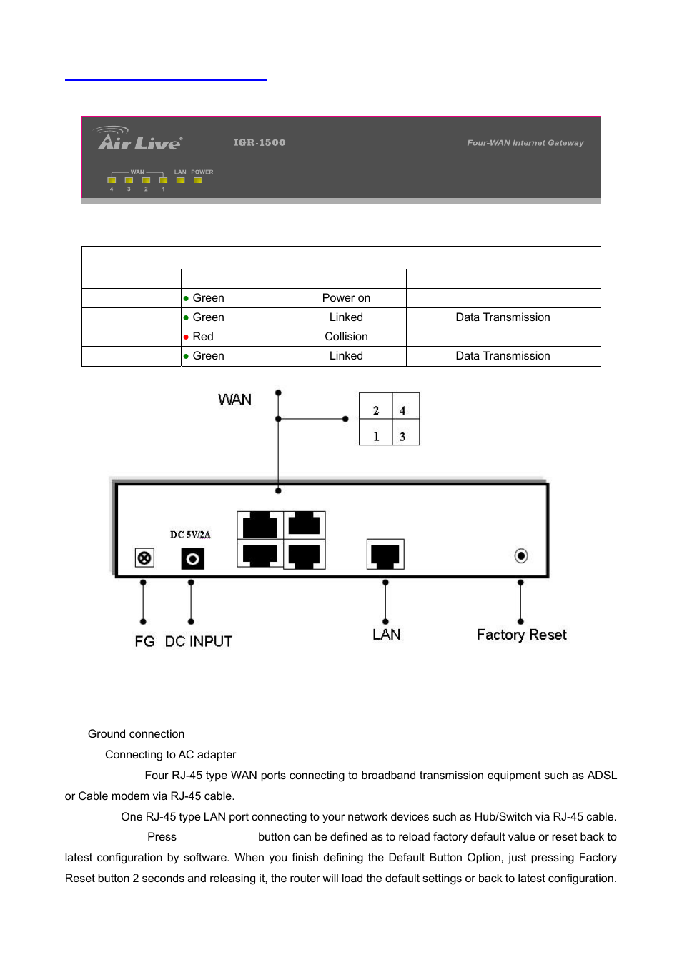 2 front panel and rear panel | AirLive IGR-1500 User Manual | Page 8 / 78