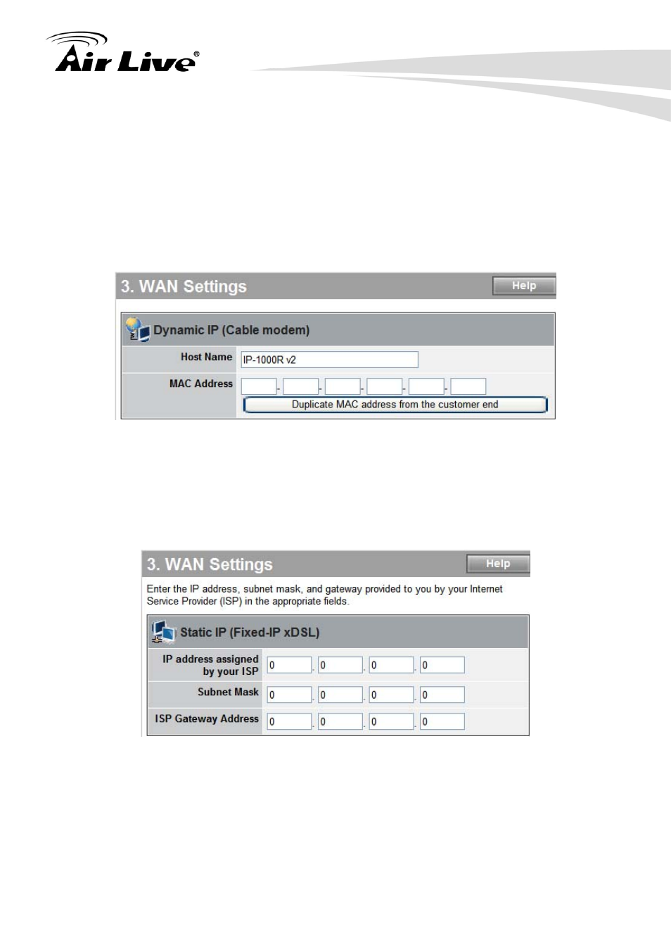 1 dynamic ip (cable modem), 2 static ip (fixed-ip xdsl) | AirLive IP-1000R v2 User Manual | Page 22 / 49