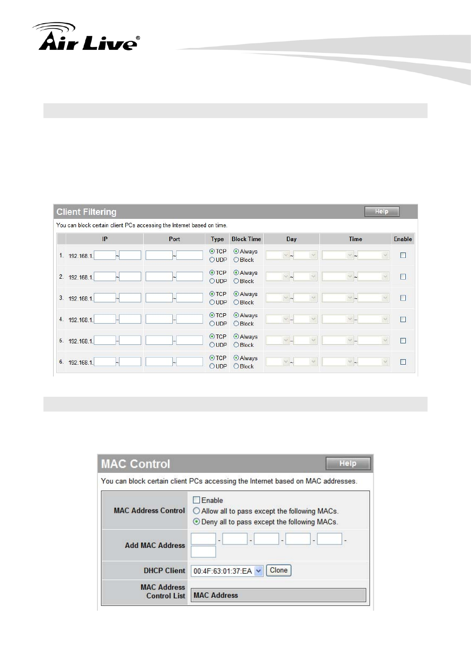 2 client filtering, 3 mac control | AirLive IP-1000R v2 User Manual | Page 43 / 49