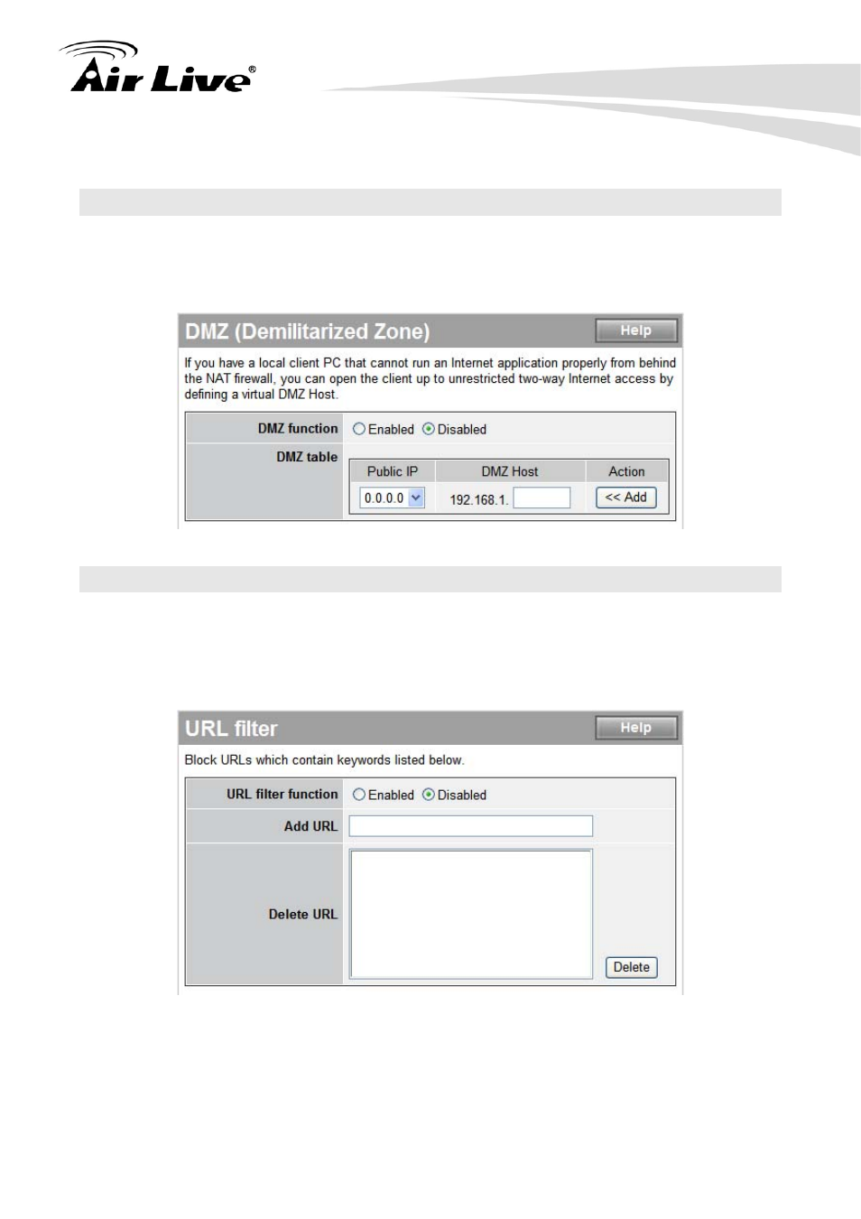 4 dmz (de-militarized zone), 5 url filter | AirLive IP-1000R v2 User Manual | Page 44 / 49