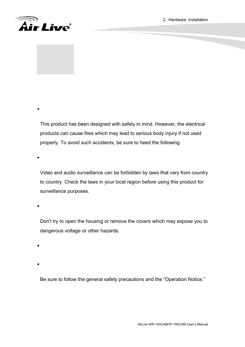 Hardware installation, Safety instruction | AirLive IP-150CAM User Manual | Page 11 / 76