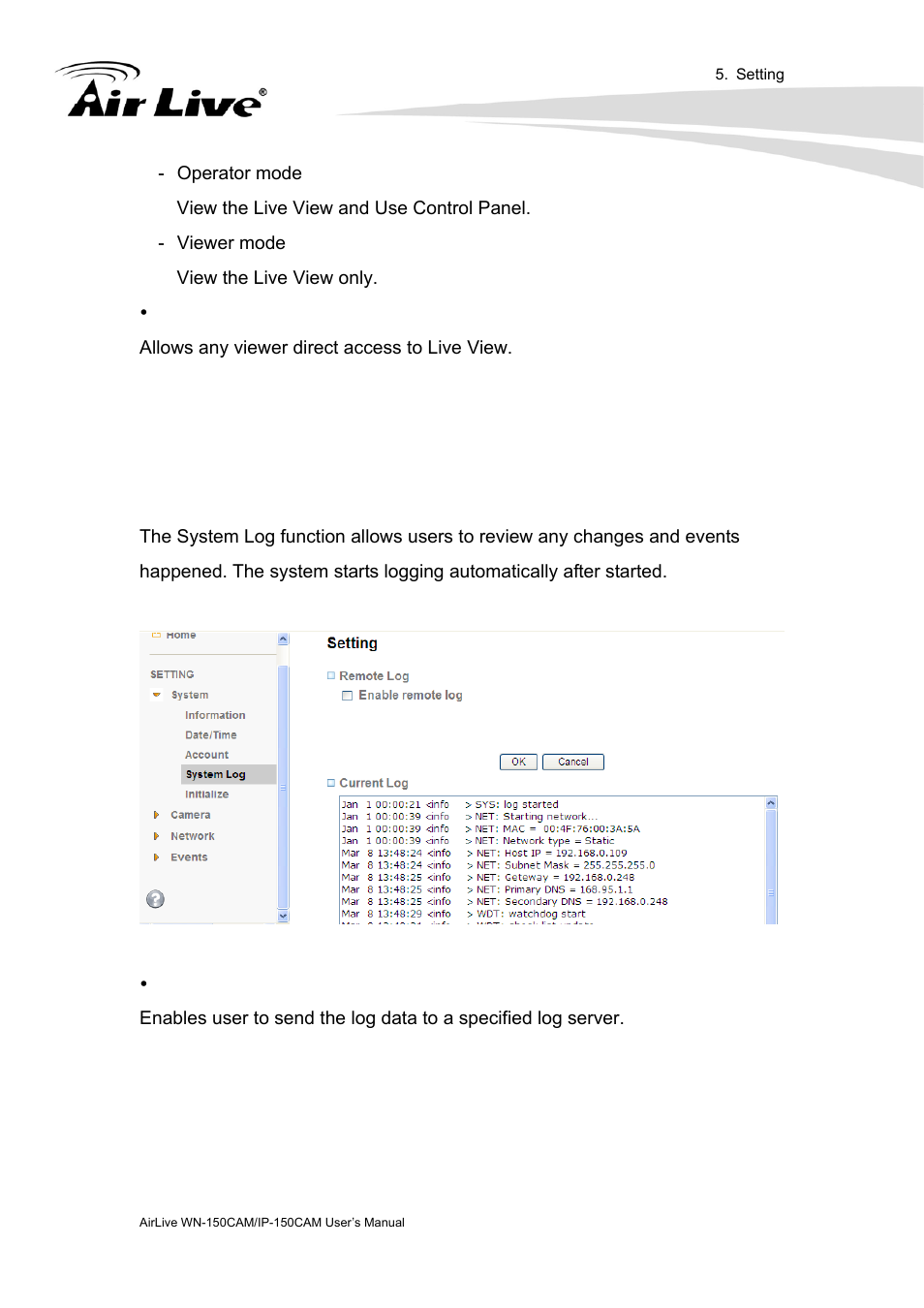 System log | AirLive IP-150CAM User Manual | Page 36 / 76