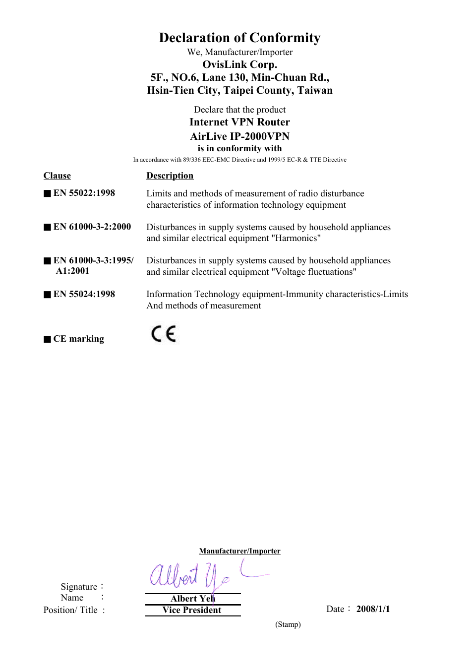 Ce declaration of conformity, Declaration of conformity | AirLive IP-2000VPN User Manual | Page 2 / 177