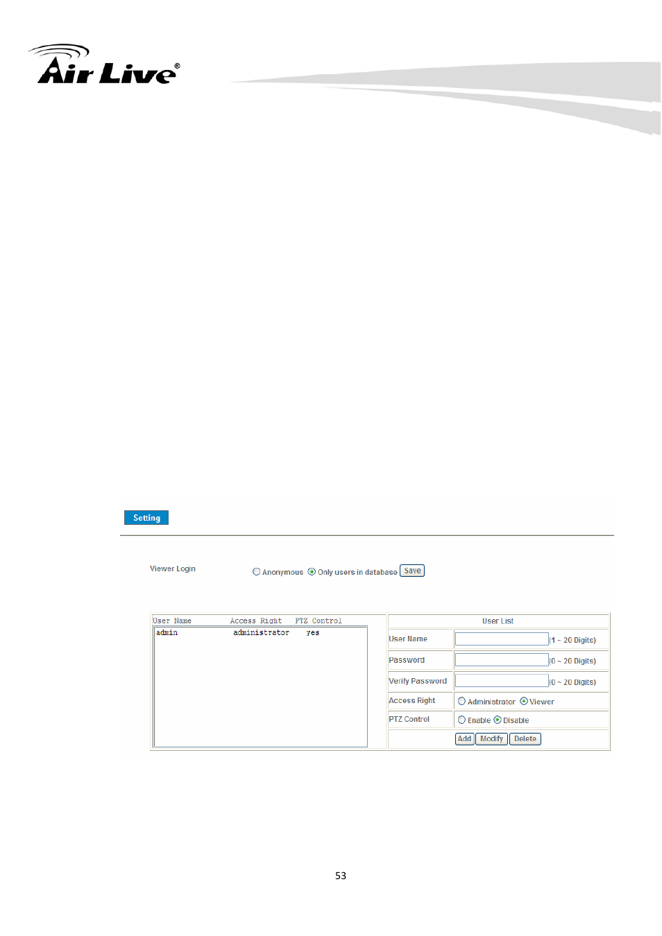 2 manage user name, password and login privilege | AirLive IP-200PHD User Manual | Page 54 / 96