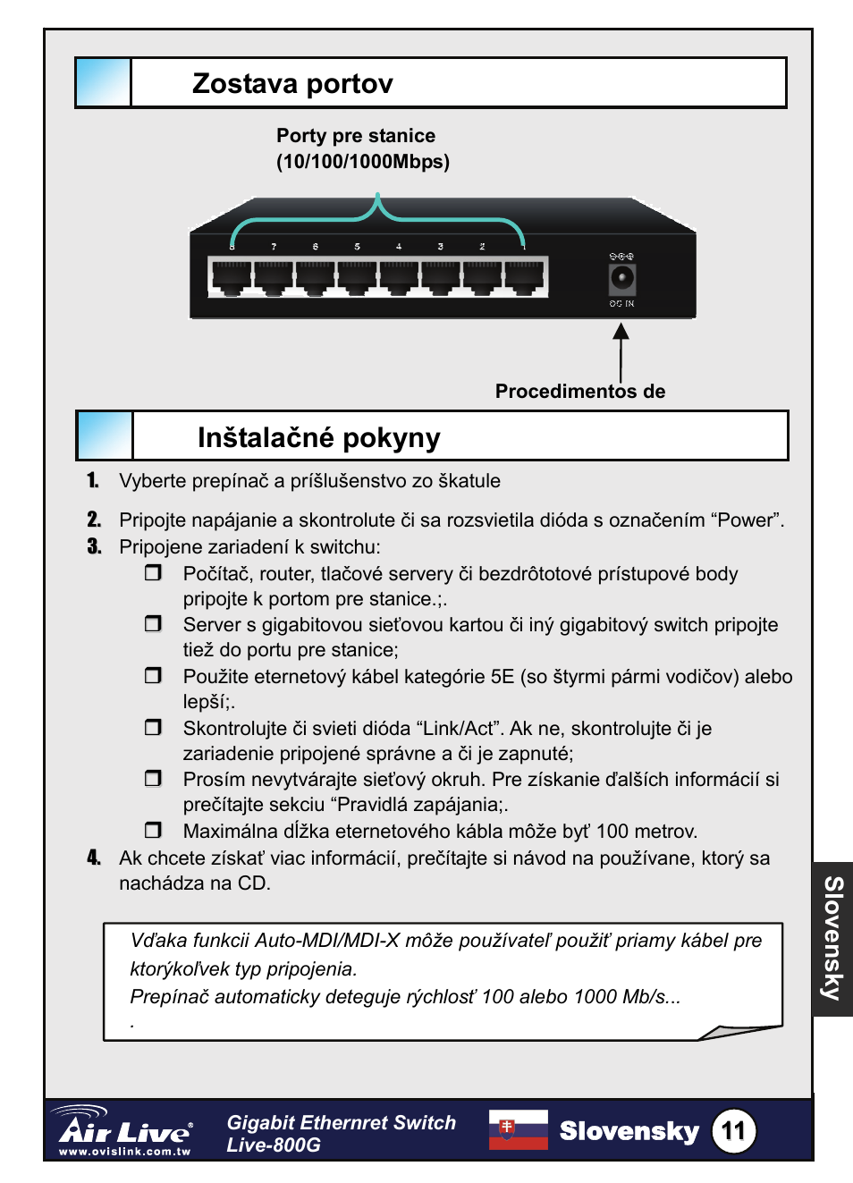 Zostava portov, Inštalačné pokyny, Slovensky | Slo ven sky | AirLive Live-800G User Manual | Page 12 / 16