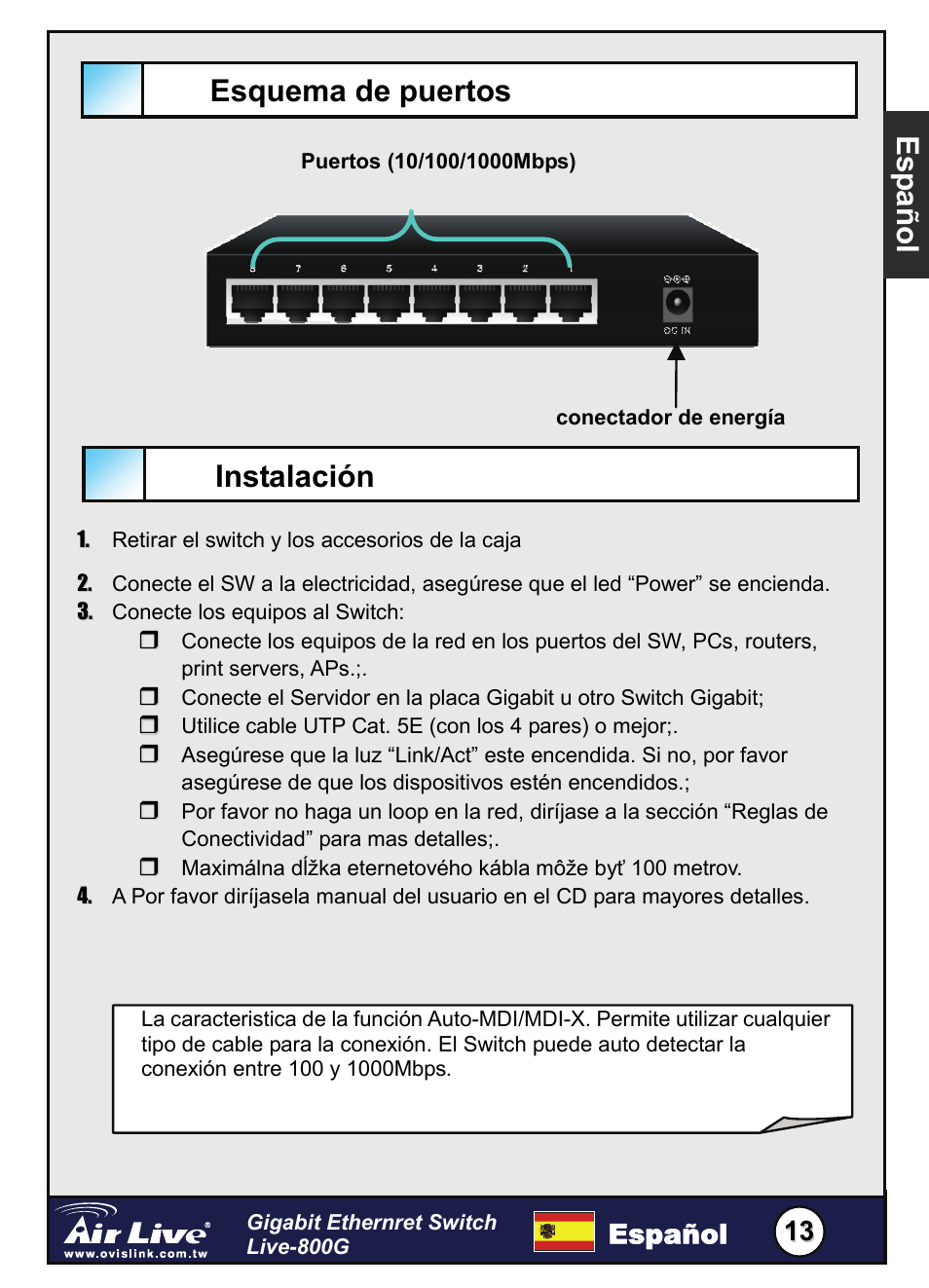 Esquema de puertos, Instalación, Esp añol | Español | AirLive Live-800G User Manual | Page 14 / 16