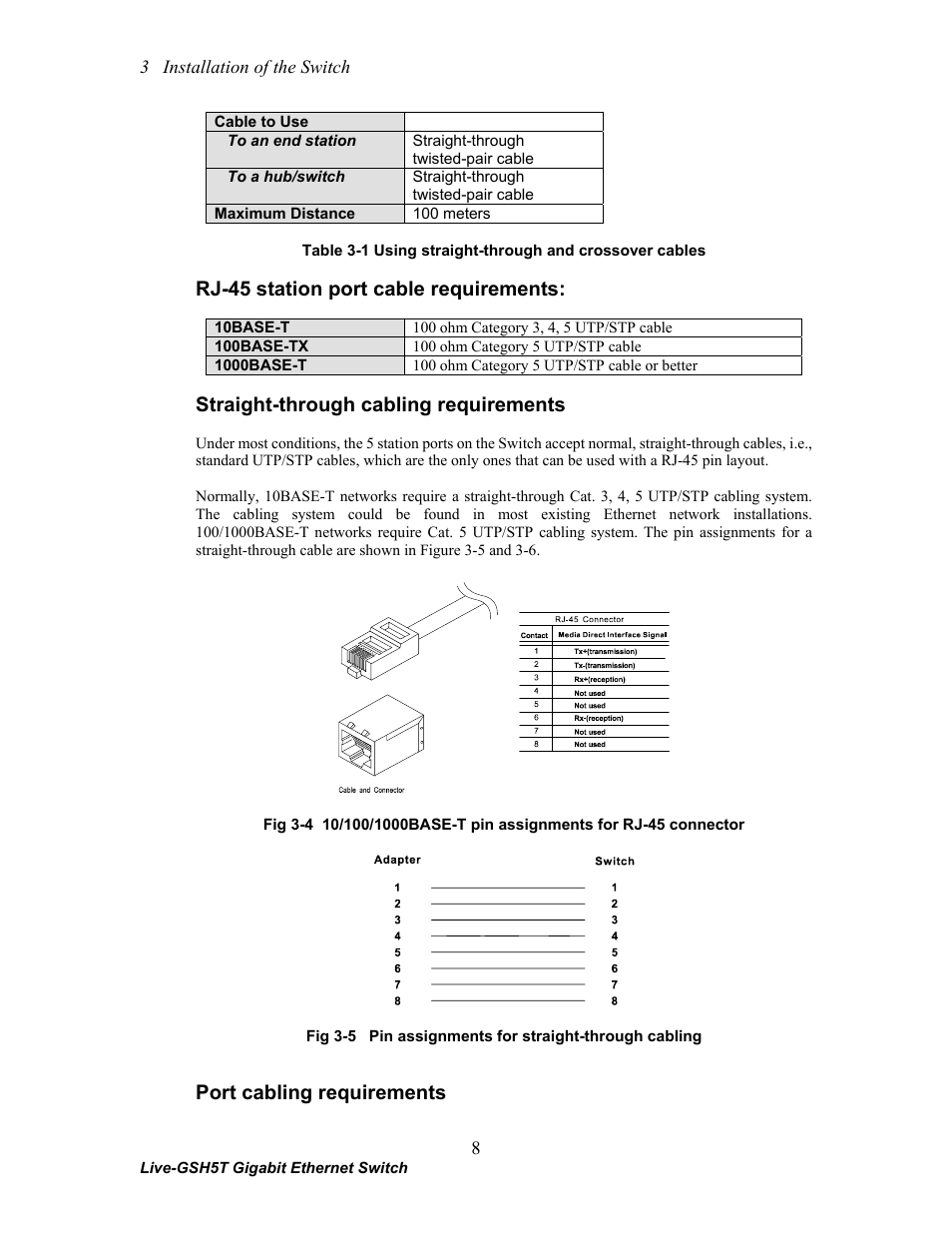 Rj-45 station port cable requirements, Straight-through cabling requirements, Port cabling requirements | AirLive Live-GSH5T User Manual | Page 14 / 25