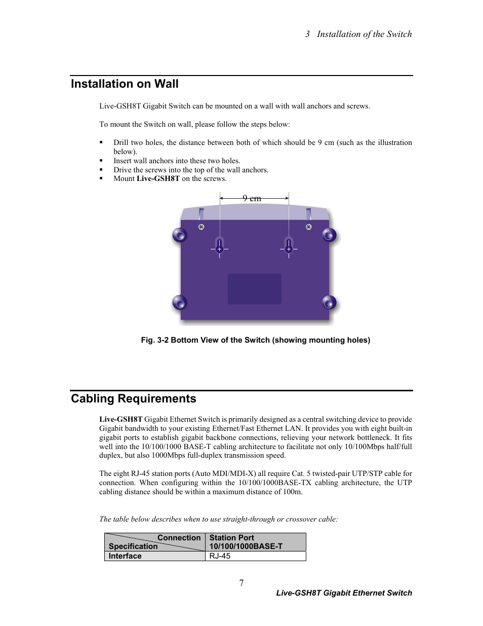 Installation on wall, Cabling requirements | AirLive Live-GSH8T User Manual | Page 13 / 25