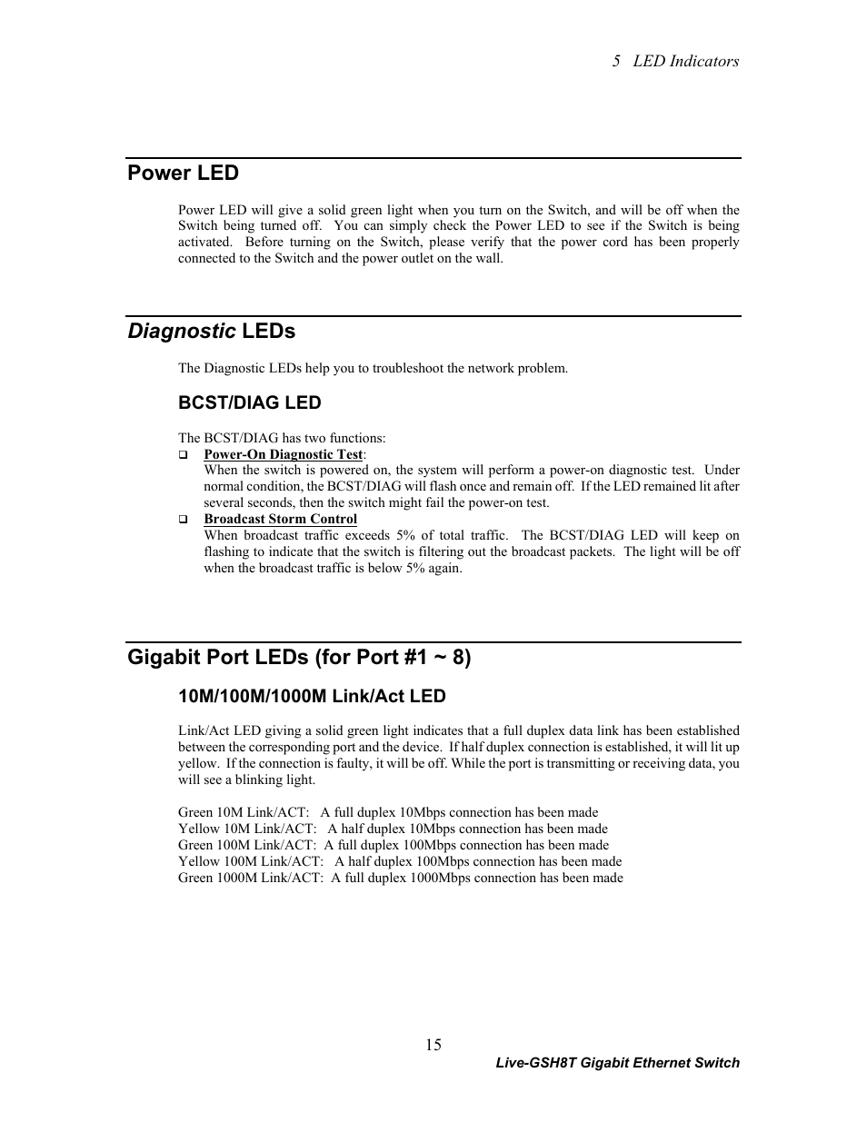 Power led, Diagnostic leds, Gigabit port leds (for port #1 ~ 8) | AirLive Live-GSH8T User Manual | Page 21 / 25