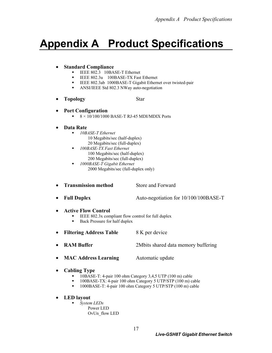 Appendix a product specifications | AirLive Live-GSH8T User Manual | Page 23 / 25