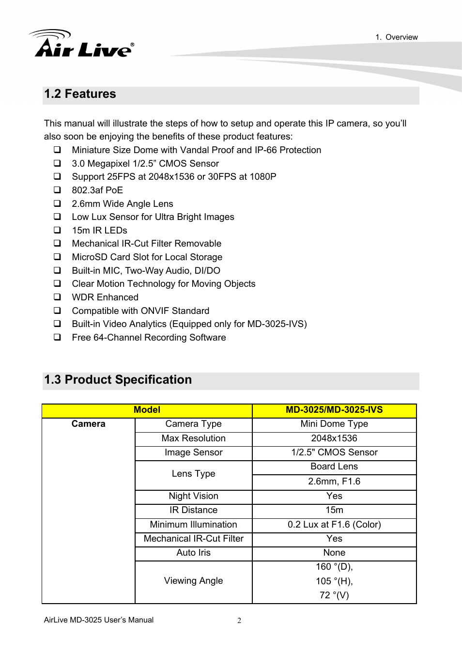 2 features, 3 product specification | AirLive MD-3025-IVS User Manual | Page 6 / 64