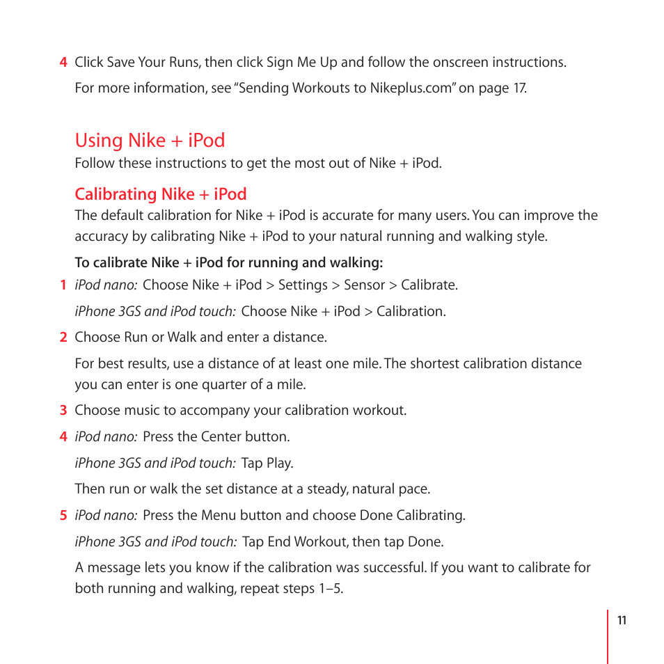 Using nike + ipod, Calibrating nike + ipod, 11 using nike + ipod 11 | Apple Nike + iPod User Manual | Page 11 / 104