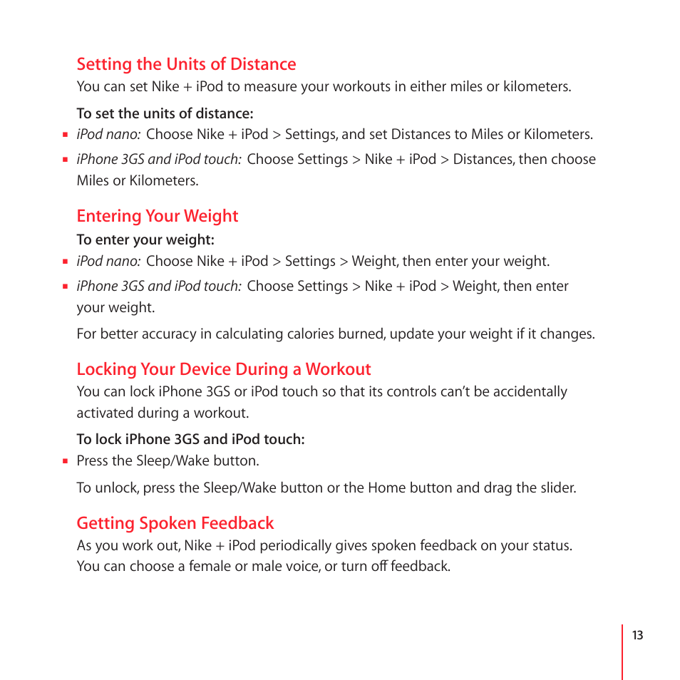 Setting the units of distance, Entering your weight, Locking your device during a workout | Getting spoken feedback | Apple Nike + iPod User Manual | Page 13 / 104