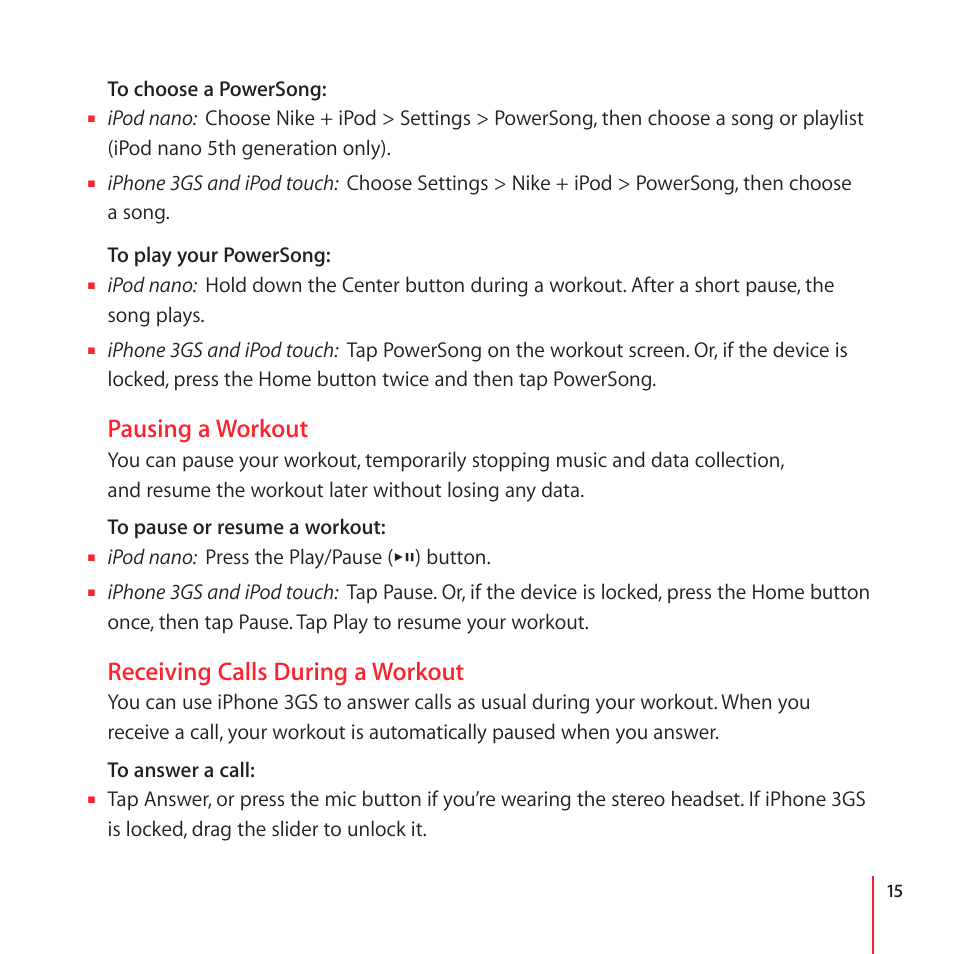 Pausing a workout, Receiving calls during a workout | Apple Nike + iPod User Manual | Page 15 / 104