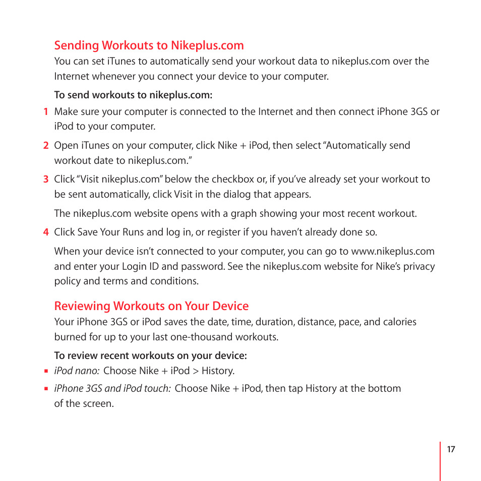 Sending workouts to nikeplus.com, Reviewing workouts on your device | Apple Nike + iPod User Manual | Page 17 / 104
