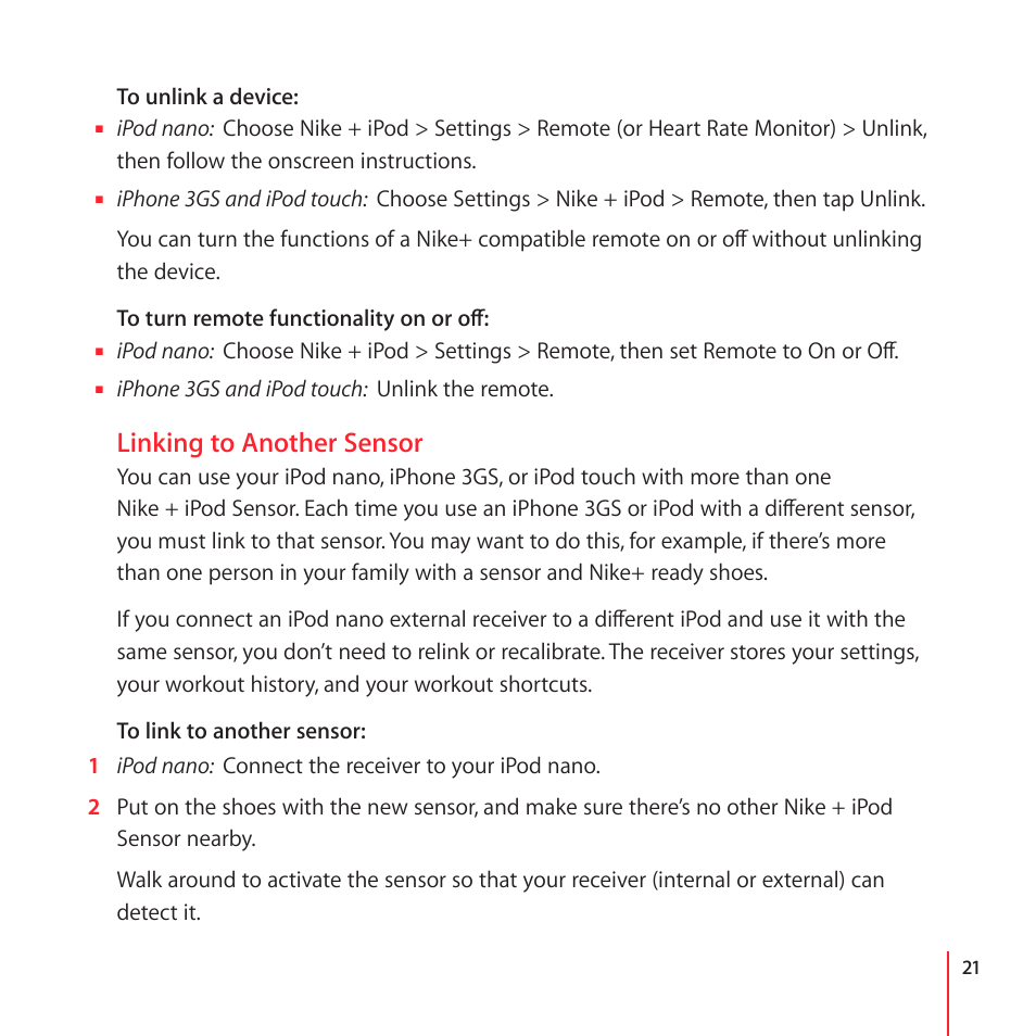 Linking to another sensor | Apple Nike + iPod User Manual | Page 21 / 104