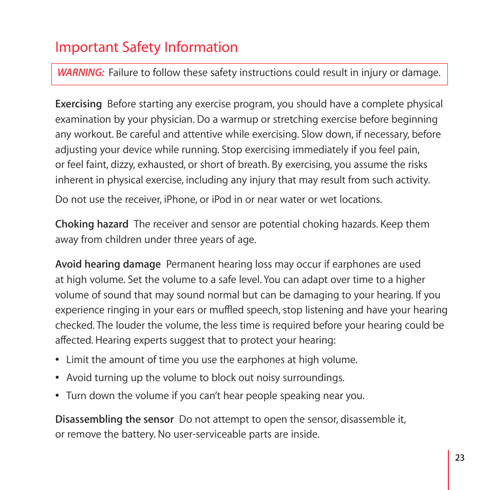 Important safety information, 23 important safety information | Apple Nike + iPod User Manual | Page 23 / 104