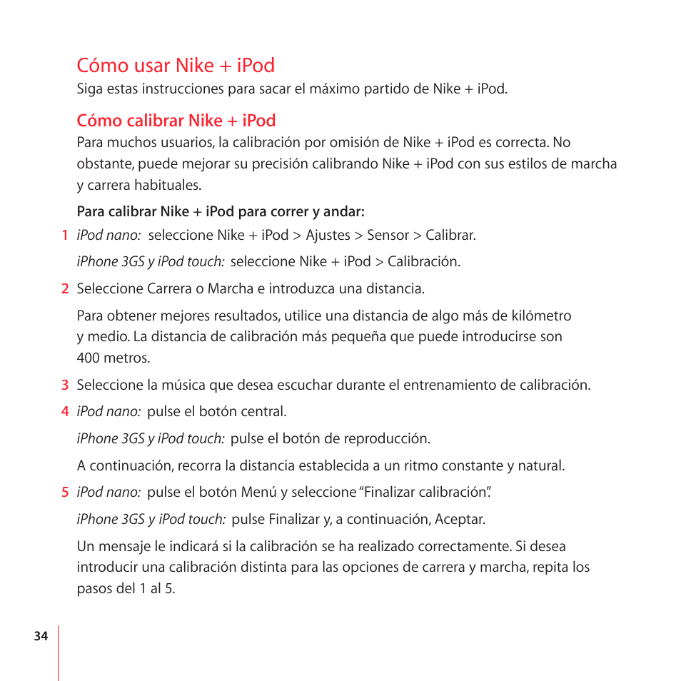 Cómo usar nike + ipod, Cómo calibrar nike + ipod | Apple Nike + iPod User Manual | Page 34 / 104