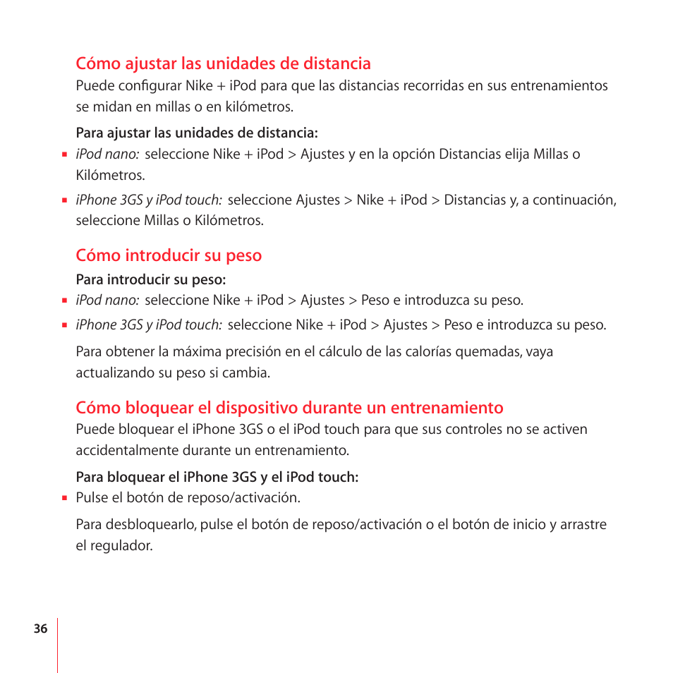 Cómo ajustar las unidades de distancia, Cómo introducir su peso | Apple Nike + iPod User Manual | Page 36 / 104