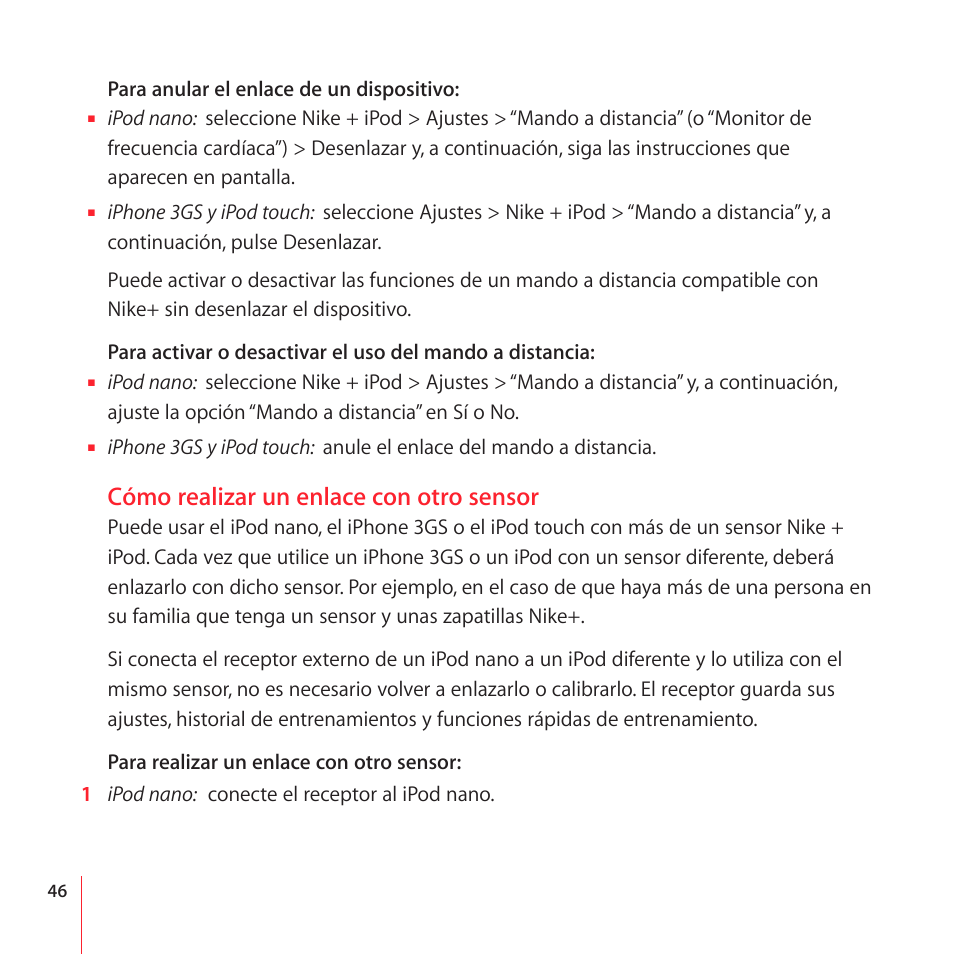Cómo realizar un enlace con otro sensor | Apple Nike + iPod User Manual | Page 46 / 104