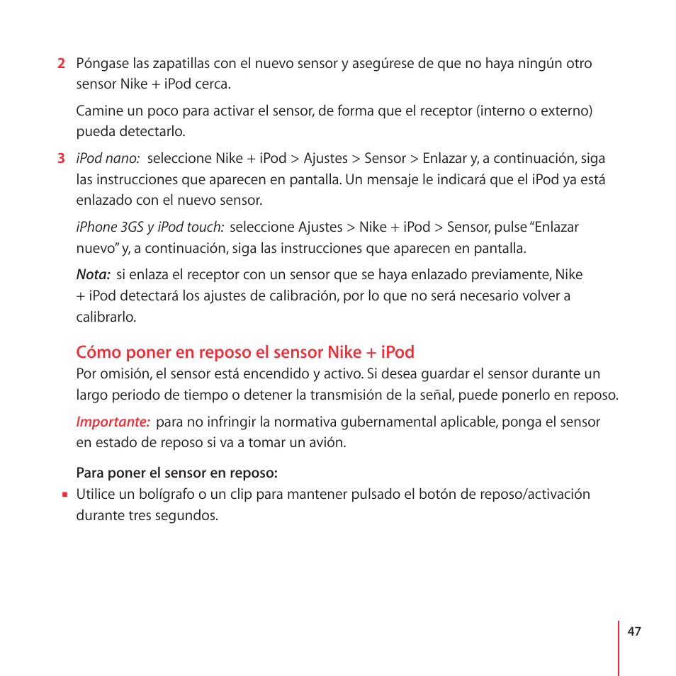 Cómo poner en reposo el sensor nike + ipod | Apple Nike + iPod User Manual | Page 47 / 104