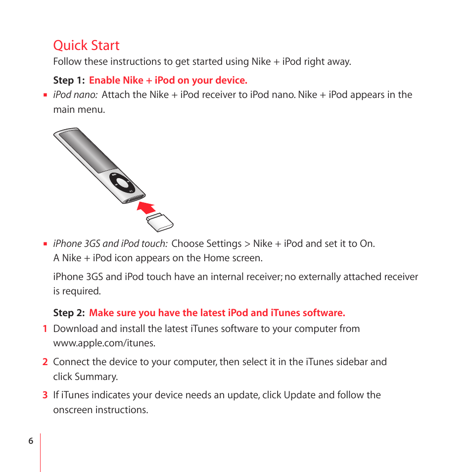 Quick start, 6 quick start | Apple Nike + iPod User Manual | Page 6 / 104